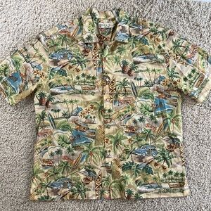 Men’s surf dress shirt, Hawaiian print. Palm trees, woody, surfboards. XXL new
